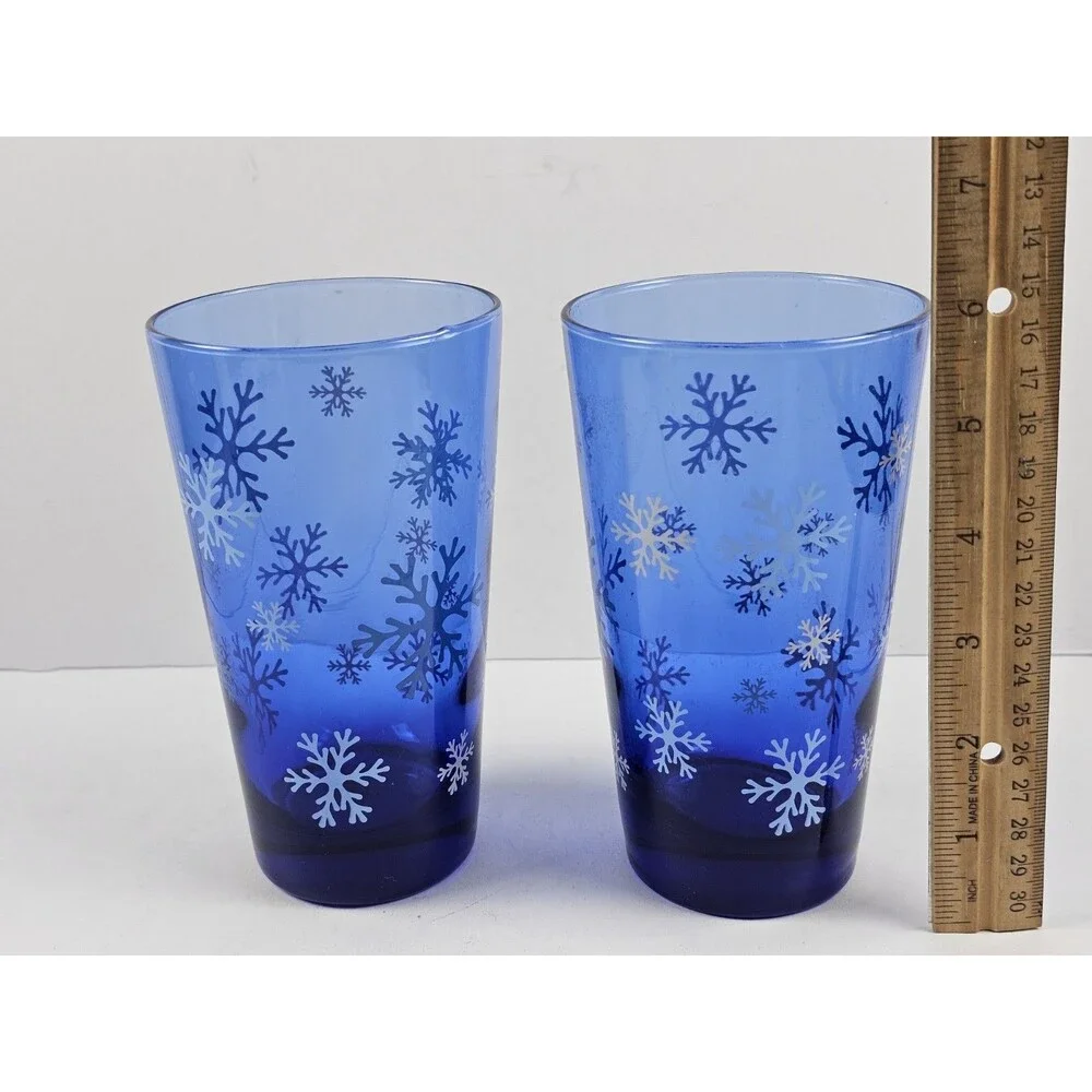 Snowflake Frosted Cobalt Blue Tumbler Highball Glasses Unbranded Set of 2
